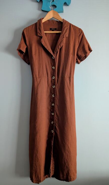 Quince Dresses & Skirts - Quince 100% Linen Button Front Dress S Terracotta Rust Midi Pocket Notch Collar